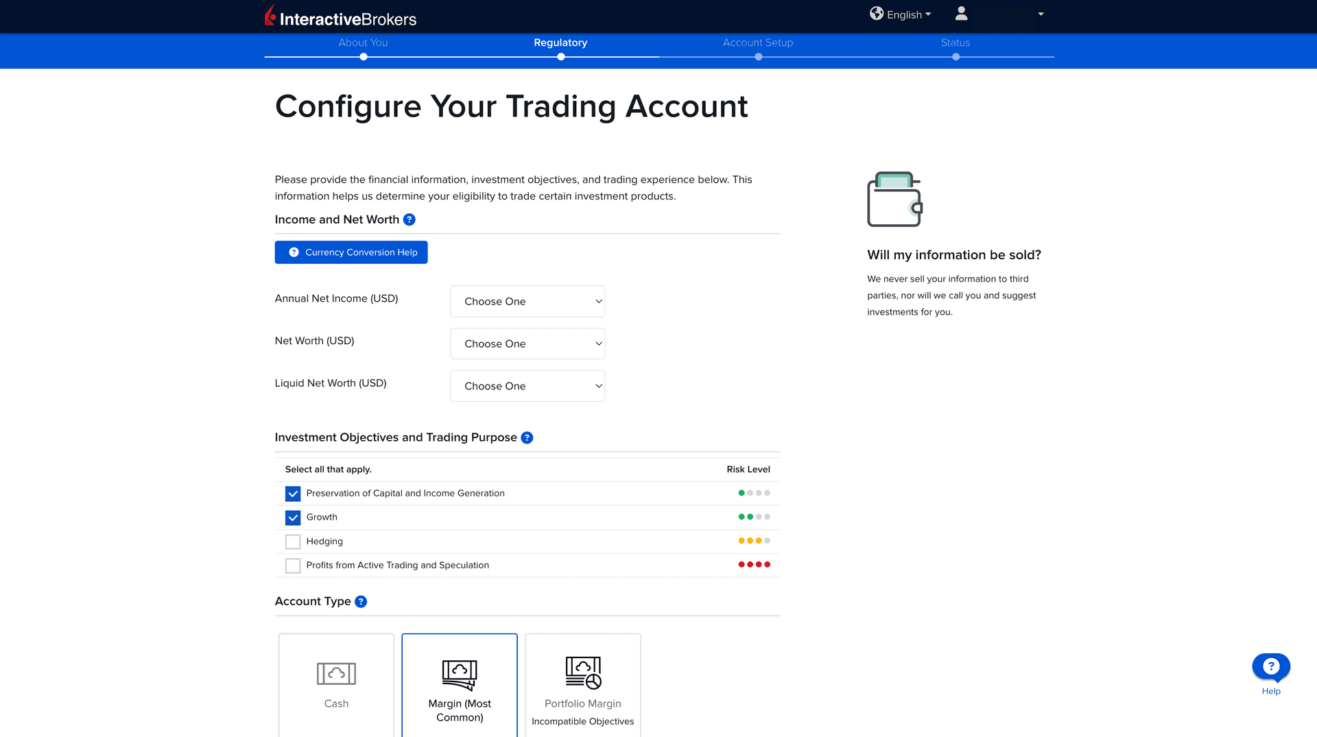 Sample IBKR trading account configuration screen