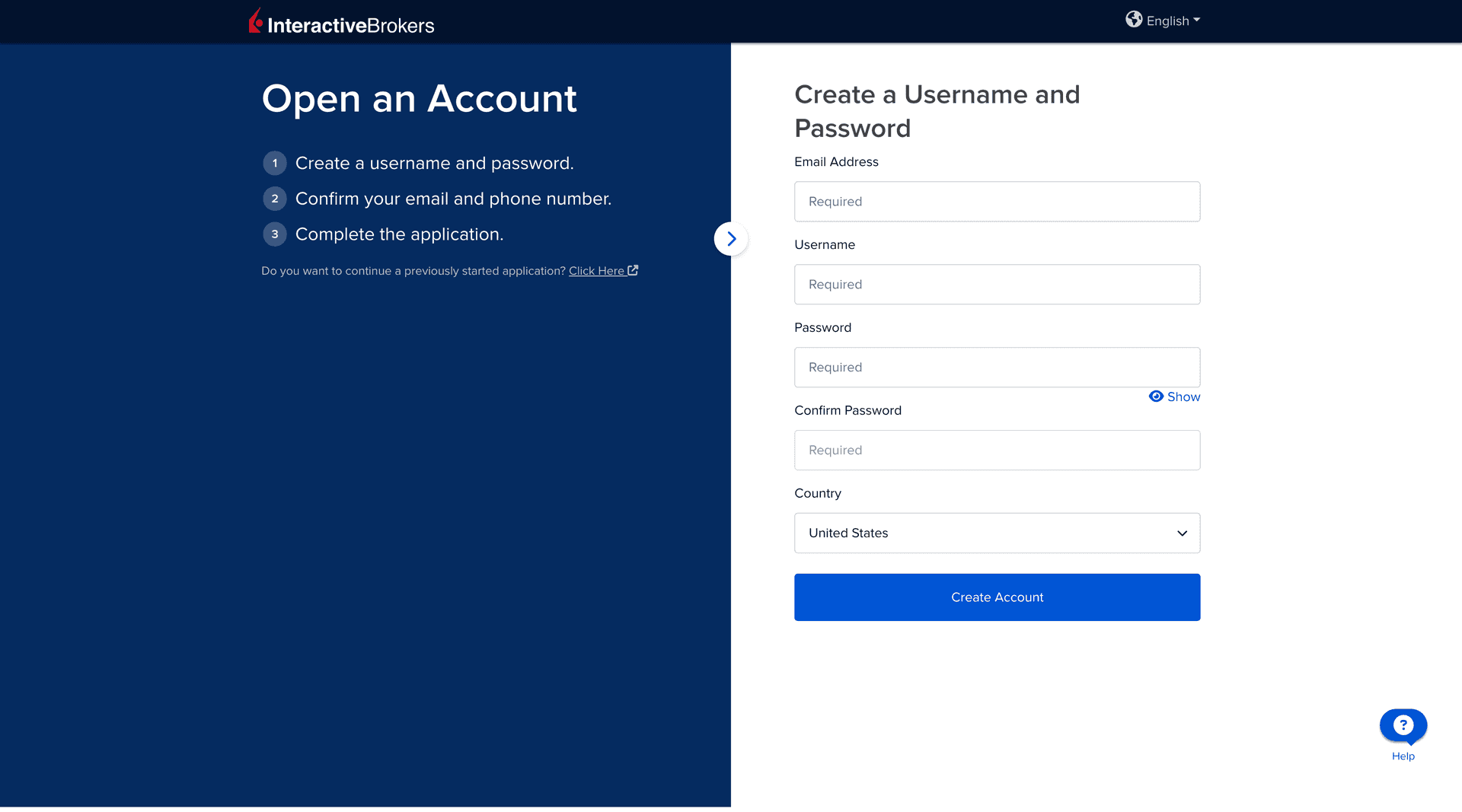 Sample IBKR account creation screen
