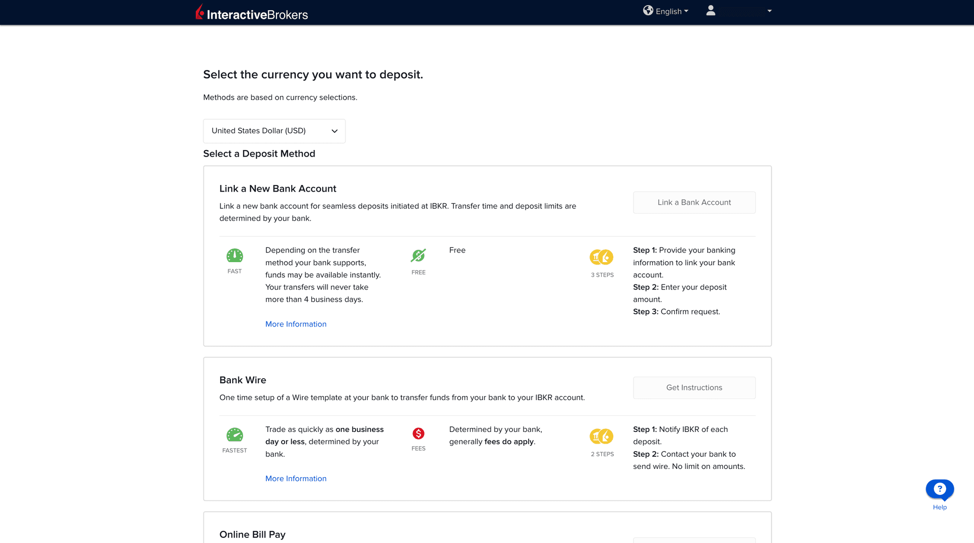 Sample IBKR deposit method selection screen
