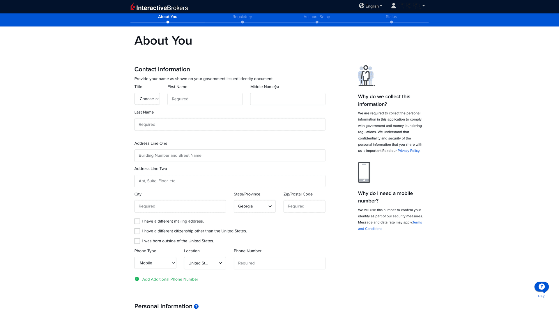 Sample IBKR About You contact information form