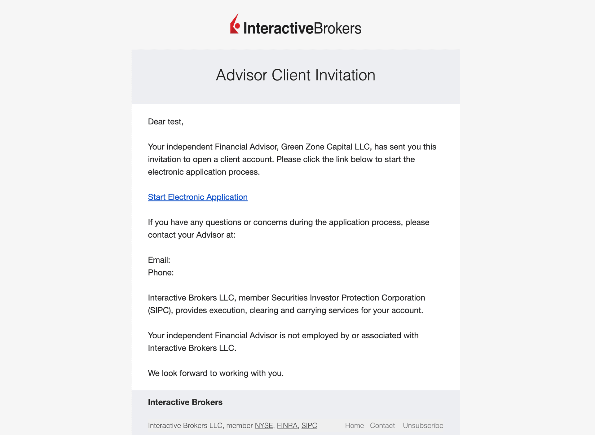 Sample IBKR Advisor Client Invitation email
